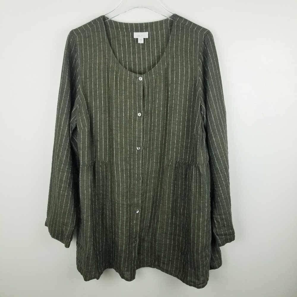 Pure Jill 100% Linen Green Striped Button Front Dress Tunic